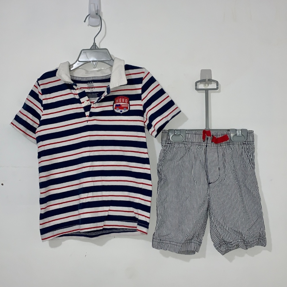 Carters Rescue Hero Fire Fighter Boys Polo Short Set Sz 5T Child of Mine Toddler